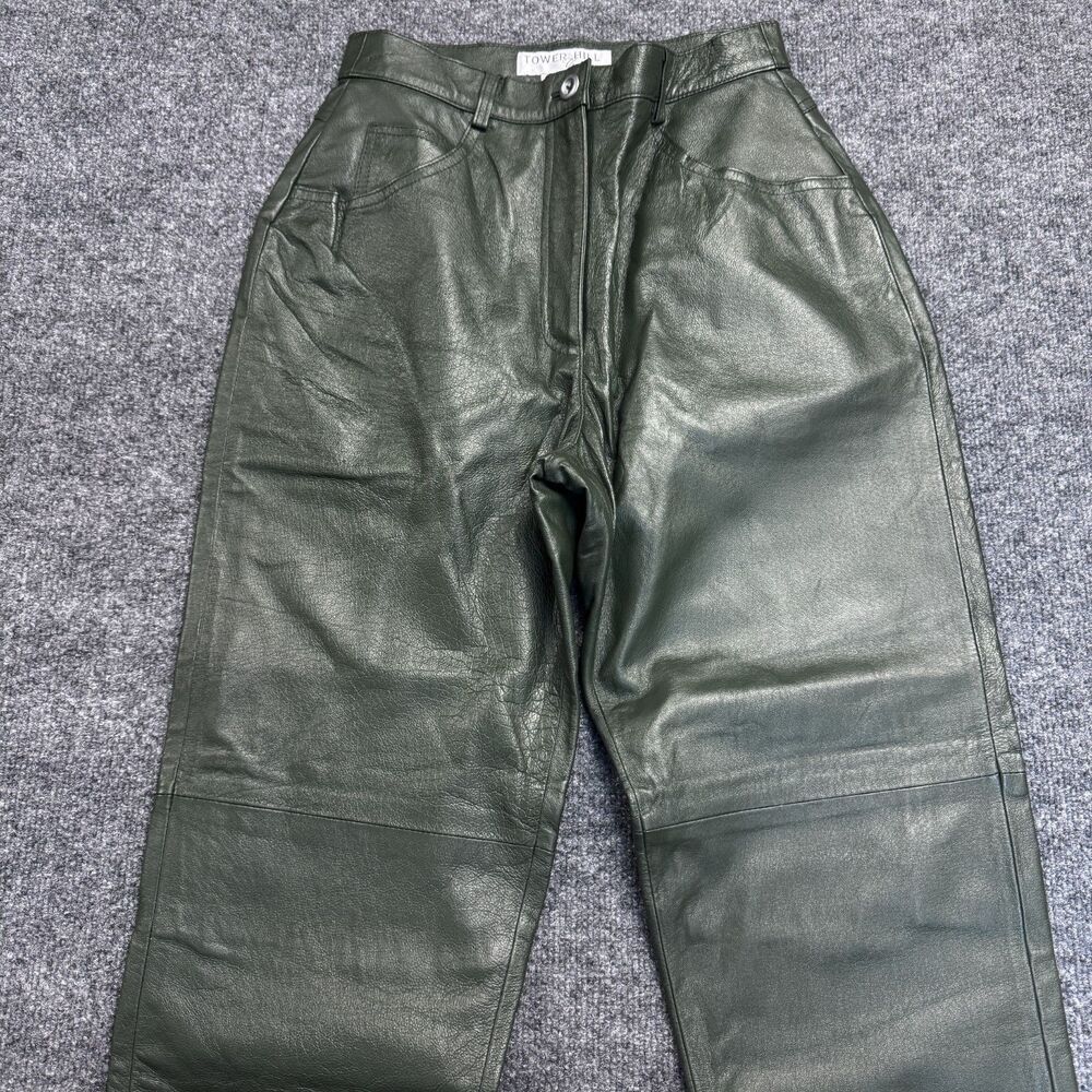 Vintage 90s Tower Hill Collection Leather High Rise Green Straight Leg Pant Sz 8
